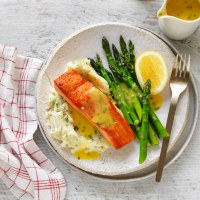 Garlic and Herb Buttery Mash with Salmon and Lemon Butter Sauce