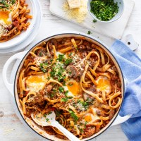 Mushroom Lentil Pasta Ragu with Eggs