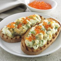 Egg Bruschetta with Salmon Roe and Dill