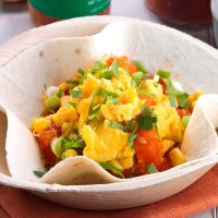 Scrambled Egg, Spicy Stewed Tomatoes, Sweet Corn and Spring Onion Tortilla