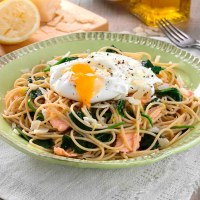 Spaghetti with Poached Egg, Fresh Salmon and Baby Spinach