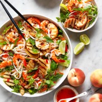 Char-grilled Peach and Prawn Pad Thai Noodle Salad