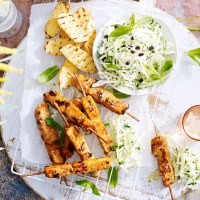 Satay and Coconut Chicken Breast Skewers with Green Apple Coleslaw and BBQ Kipfler Potatoes