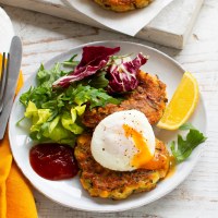 Cheesy Corn and Zucchini Fritters Poached Eggs and Tomato Relish