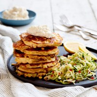 Ricotta, Leek and Corn Fritters with Zucchini Noodles