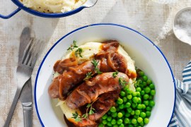 Cheesy Buttery Potato Mash with Sausage in Onion Gravy