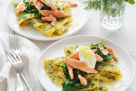 Herb Omelettes with Wilted Spinach and Smoked Fish