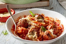 Mozzarella-Stuffed Meatballs and Spaghetti