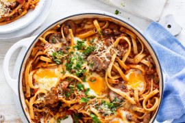 Mushroom Lentil Pasta Ragu with Eggs