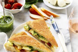 Pesto, Semi Dried Tomato, Pear and Bocconcini Toasties