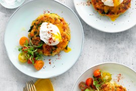 Bubble and squeak turkey fritters with poached eggs