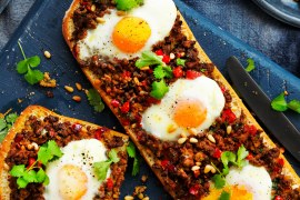 Turkish Bread with Spicy Lamb and Eggs