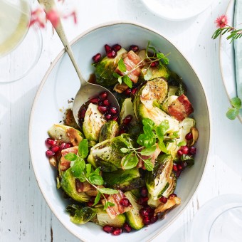 Lilydale roasted Brussels sprouts, crispy pancetta and pomegranate seeds