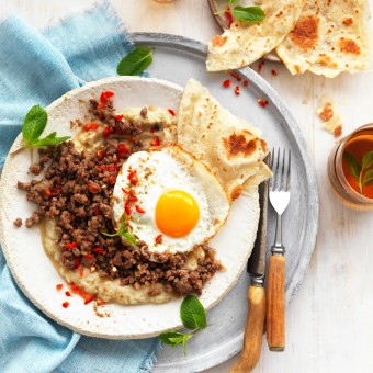Lebanese Spiced Lamb, Baba Ghanoush and Fried Eggs