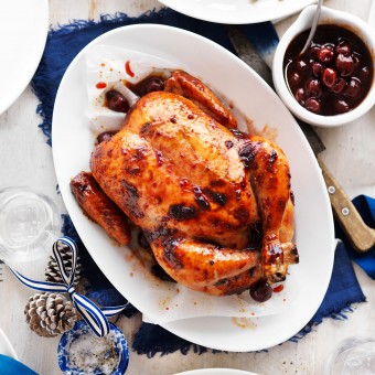 Cherry Roast Chicken with Sage Stuffing and Cherry Sauce