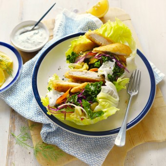 Chicken schnitzel and coleslaw lettuce cup wrap
