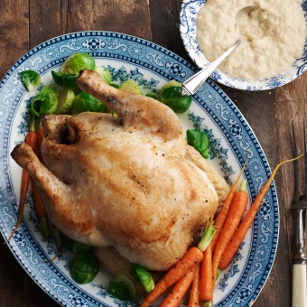 Pot Roasted Chicken in Milk with Homestyle Bread Sauce