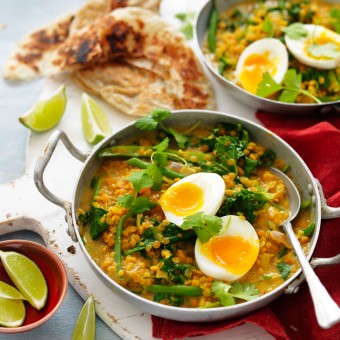 Red lentil dahl curry topped with eggs
