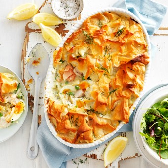 Best fish pie with salmon, white fish and pastry top