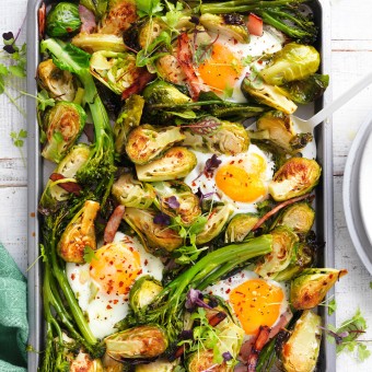 brussels sprouts, egg and bacon tray bake recipe
