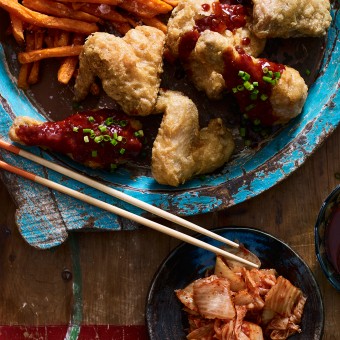 Korean Fried Chicken with Kimchi and Chips