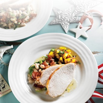Barbecued Turkey Breast with a Salad of White Beans, Pancetta and Spiced Mango Chutney