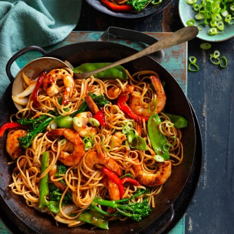 Honey soy prawns with noodles recipe
