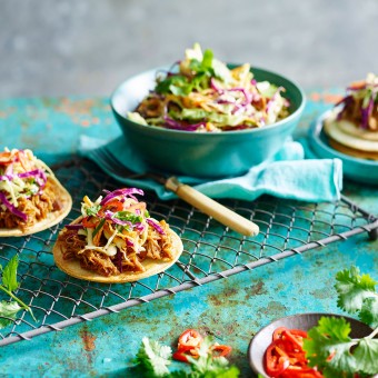 Pulled Chicken Tostada with Slaw