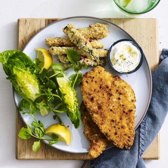 Chicken Schnitzel with Parmesan and Sesame Seed Zucchini Chips