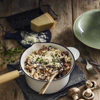 One-pan Creamy Mushroom Risotto Topped With Crispy Bacon