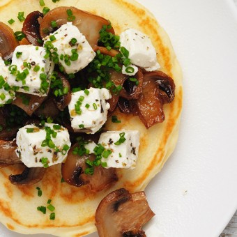 Healthy savoury pancake recipe topped with garlic mushrooms and fetta