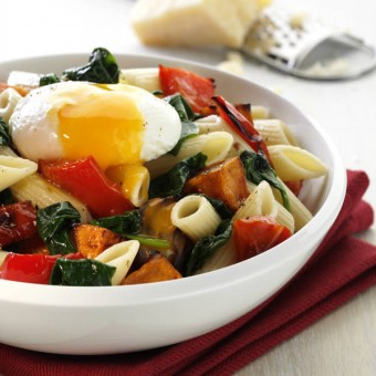 Pasta with Roasted Vegetables & Poached Egg