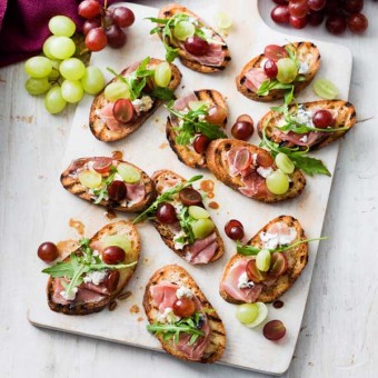Grape and Prosciutto Crostini recipe or serve with roasted grape crostini with lemon ricotta and thyme