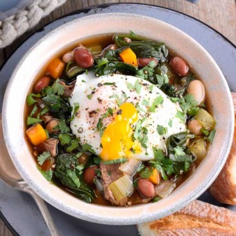 Beef, Mixed Bean and Spinach Soup with Poached Egg