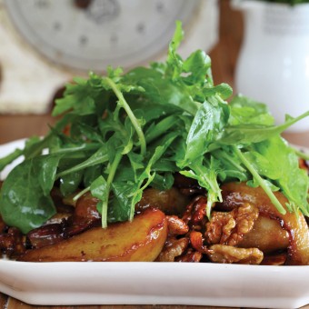 Baked Pear Salad with Belly Bacon and Walnuts