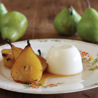 Saffron Roasted Pears with Verjuice Pannacotta