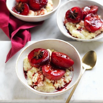Old Fashioned Rice pudding with roasted plums