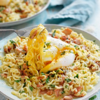 Cheat's pasta carbonara made with 2-minute noodles and a poached egg