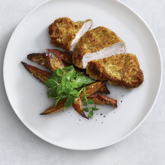 Herb and Parmesan Crumbed Turkey Breast with Sweet Potato and Watercress Salad