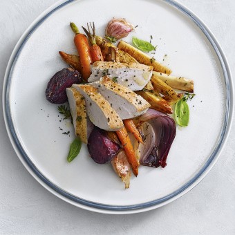 This easy pan fried turkey breast recipe with roasted root vegetables is a simple protein packed family dinner or lunch idea. 
