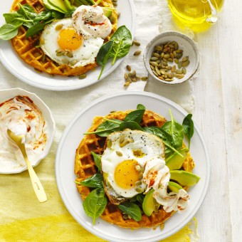 Sweet Potato Waffles with Eggs and Avocado