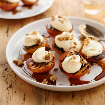 Chargrilled Peaches with Lime Cream Cheese and Maple-Caramelised Macadamias and Seeds