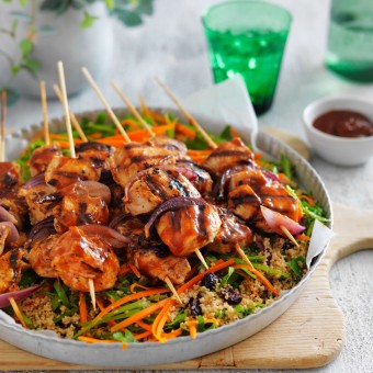 Char-grilled barbecue chicken skewers with couscous salad recipe