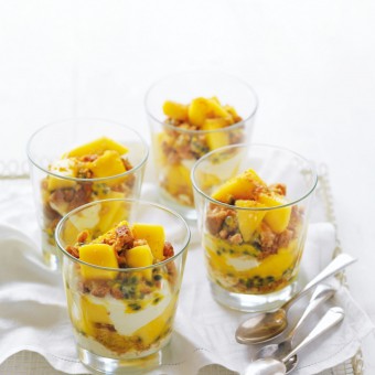 Layered desserts in a glass like this mango and passionfruit with ginger nut crumb and mascarpone are deliciously easy. Think of it as a trifle in a glass. 