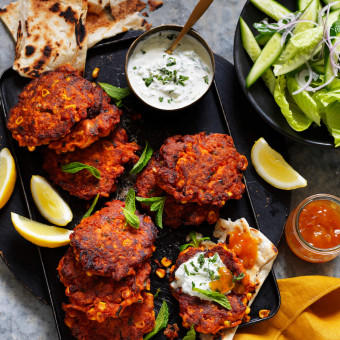 Butter chicken fritters with vegetables and sweet potato