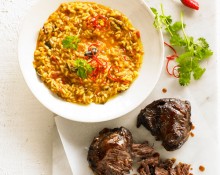 Beef Cheek Risotto with Persian Eggplant Relish