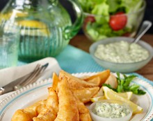 Beer Battered Fish and Chips with Pesto Tartare
