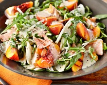 Grilled Peaches with Hot Smoked Salmon, Rocket and Fennel