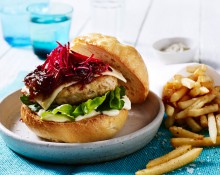 Thyme Chicken Burgers with Aioli, Caramelized Onion Jam and Tuscan Salt Fries