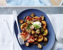 Waffles with Sauteed Mushrooms and Maple Bacon